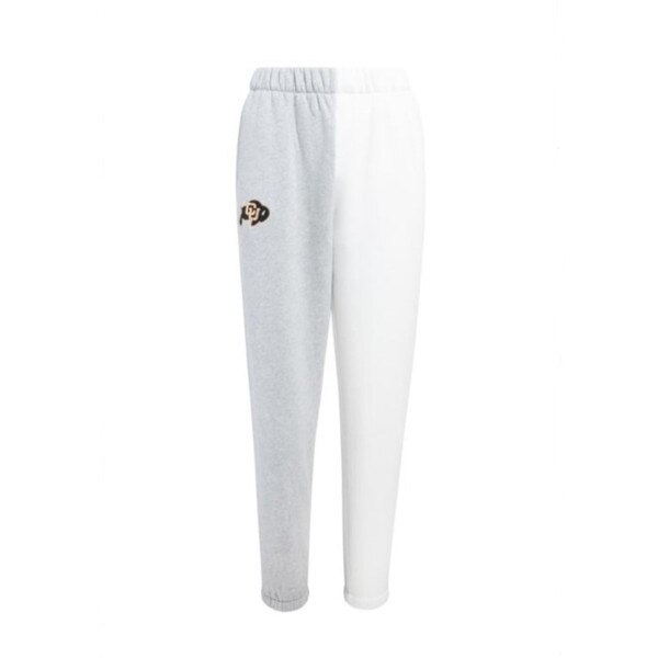 Two toned color blocked sweatpants, where the right leg is grey and the left leg is white. There is also the CU Buffalo logo embroidered on the upper right leg.